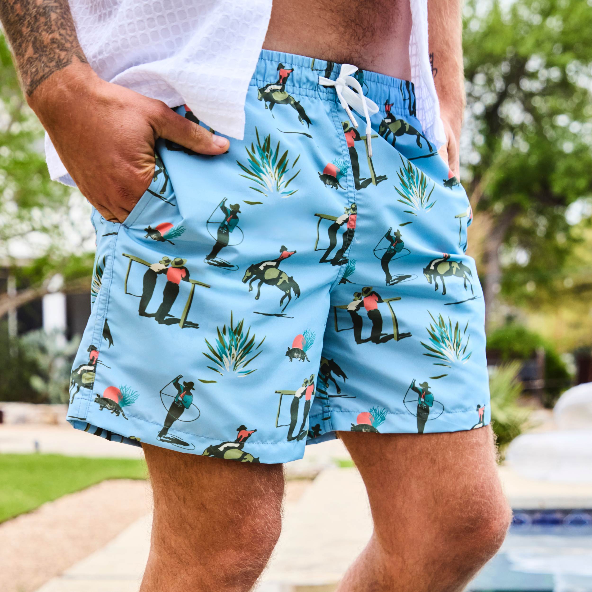 
                          5.5" Cowboy Print Swim Trunks - Light Blue - Bather - STAG Provisions - Shorts - Swim
                        