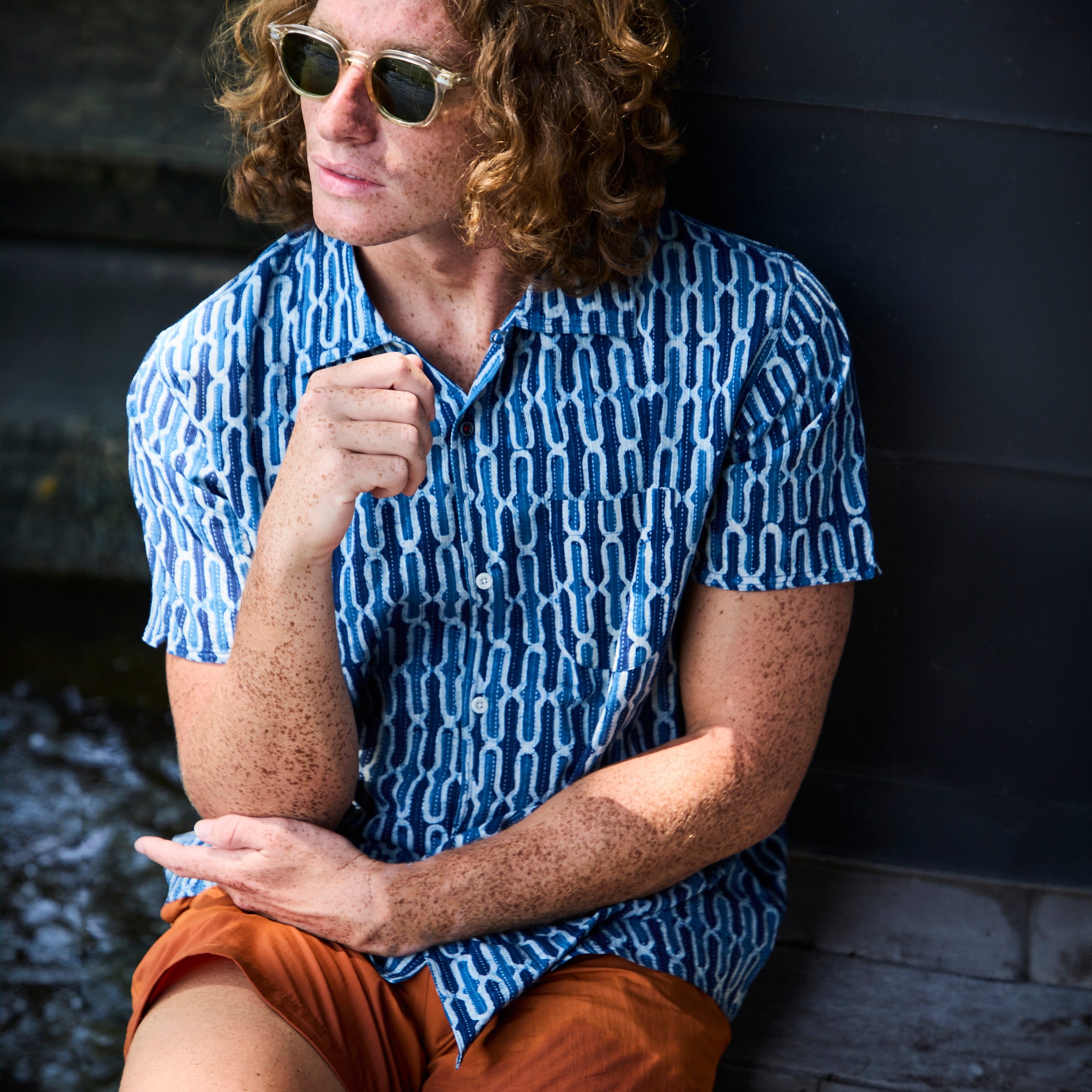 
                          Geo Tile Block Print Shirt - Indigo - Kardo - STAG Provisions - Tops - S/S Woven - Other Pattern
                        