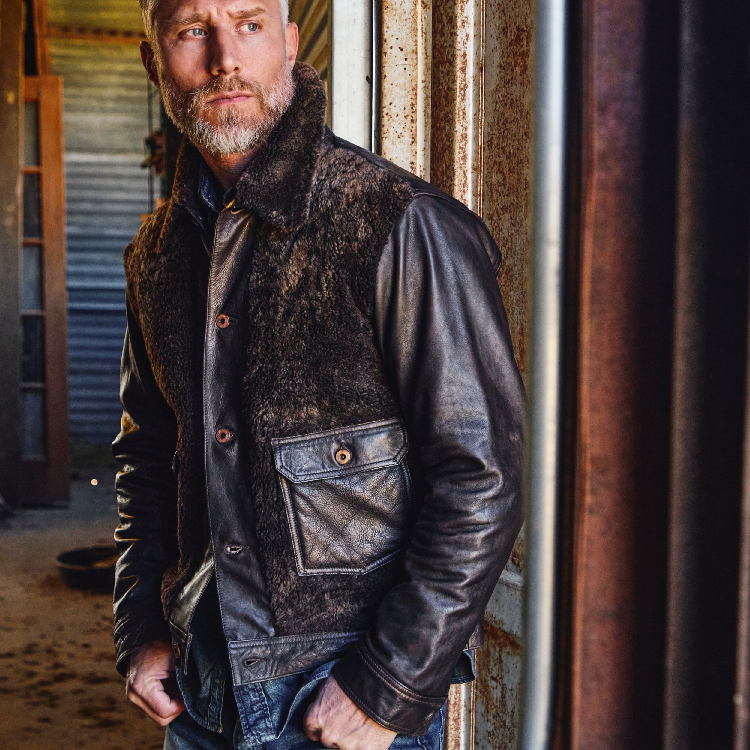 
                          Leather Grizzly Jacket - Black &amp; Brown - RRL - STAG Provisions - Outerwear - Coat / Jacket
                        