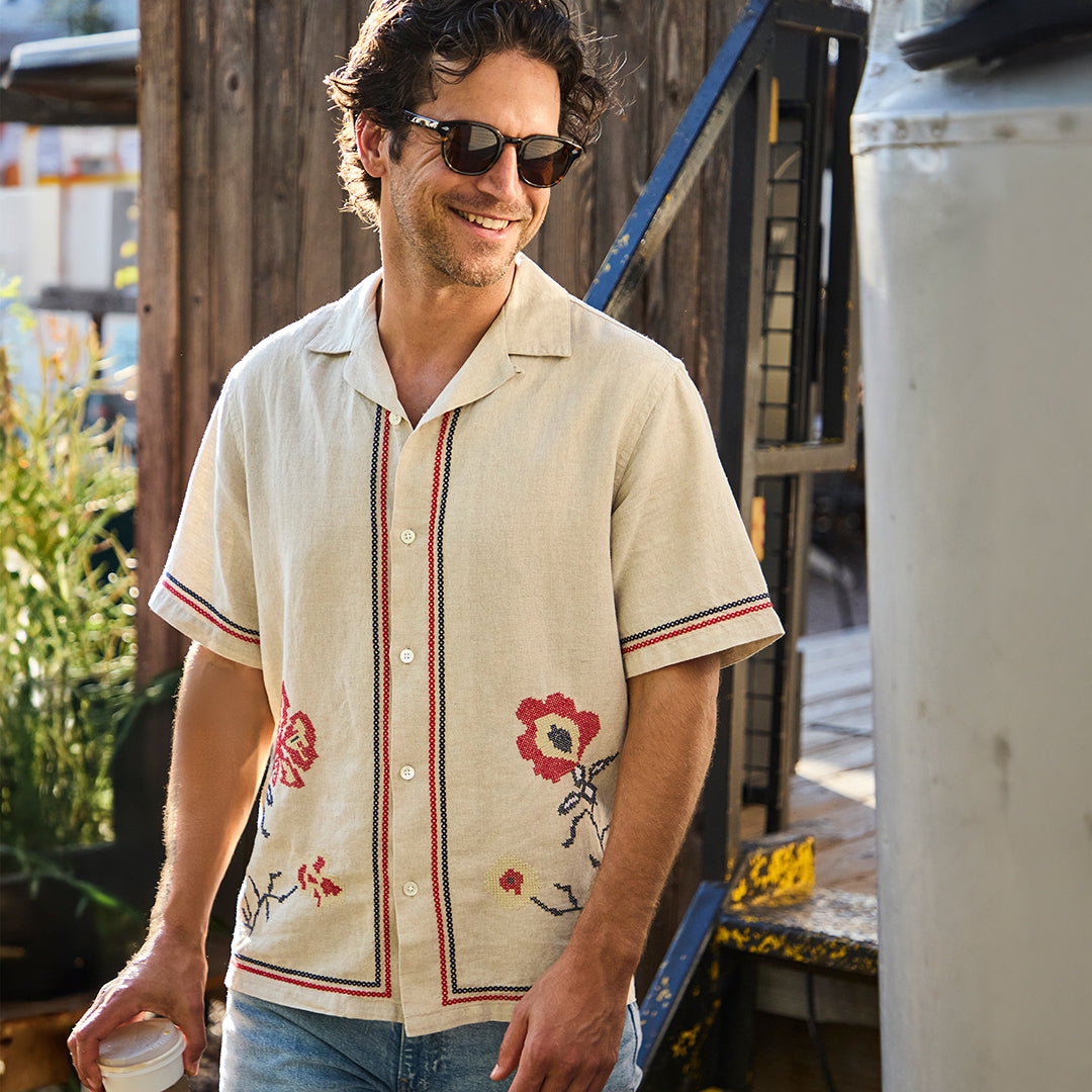 
                          Cross Stitch Camp Shirt - Ecru - Portuguese Flannel - STAG Provisions - Tops - S/S Woven - Floral
                        