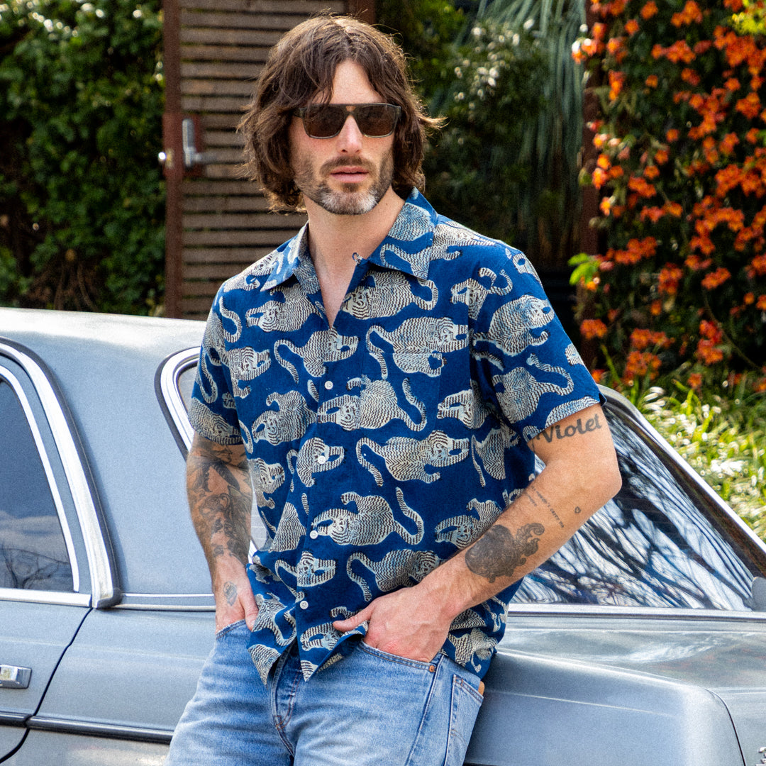 
                          Tiger Block Print Shirt - Blue - Kardo - STAG Provisions - Tops - S/S Woven - Other Pattern
                        