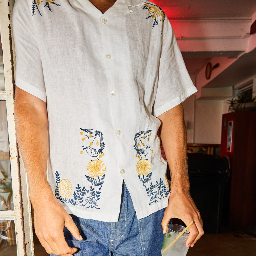 
                          Bird Embroidery Camp Shirt - White - Portuguese Flannel - STAG Provisions - Tops - S/S Woven - Floral
                        