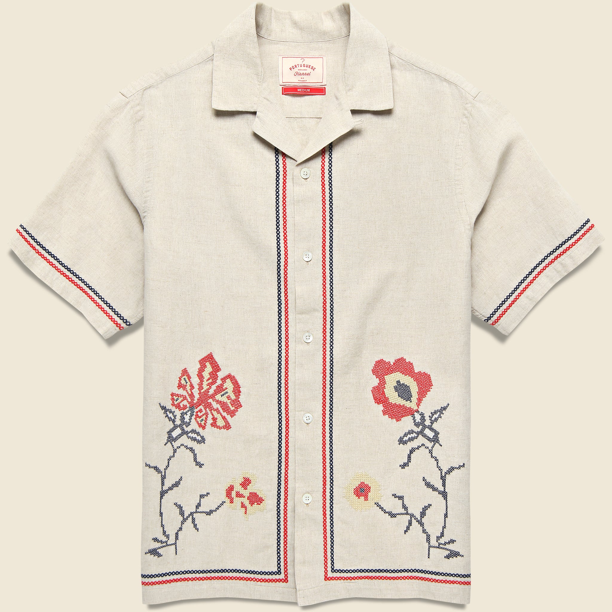 Cross Stitch Camp Shirt - Ecru