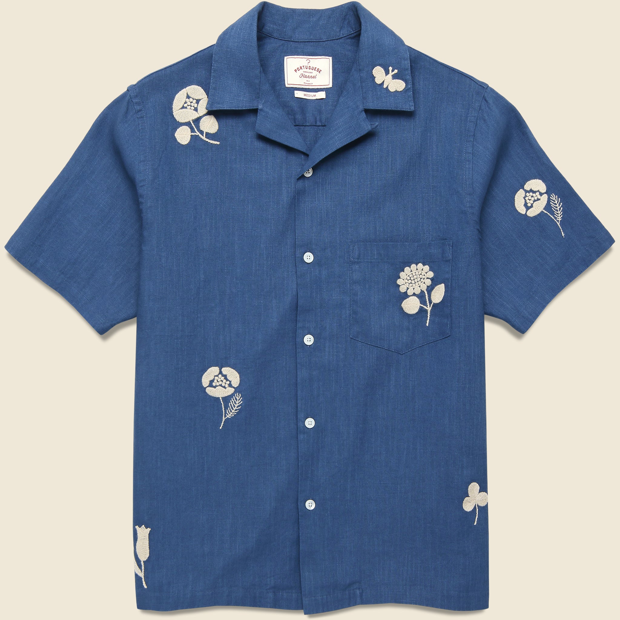 Embroidered Ramie Camp Shirt - Blue