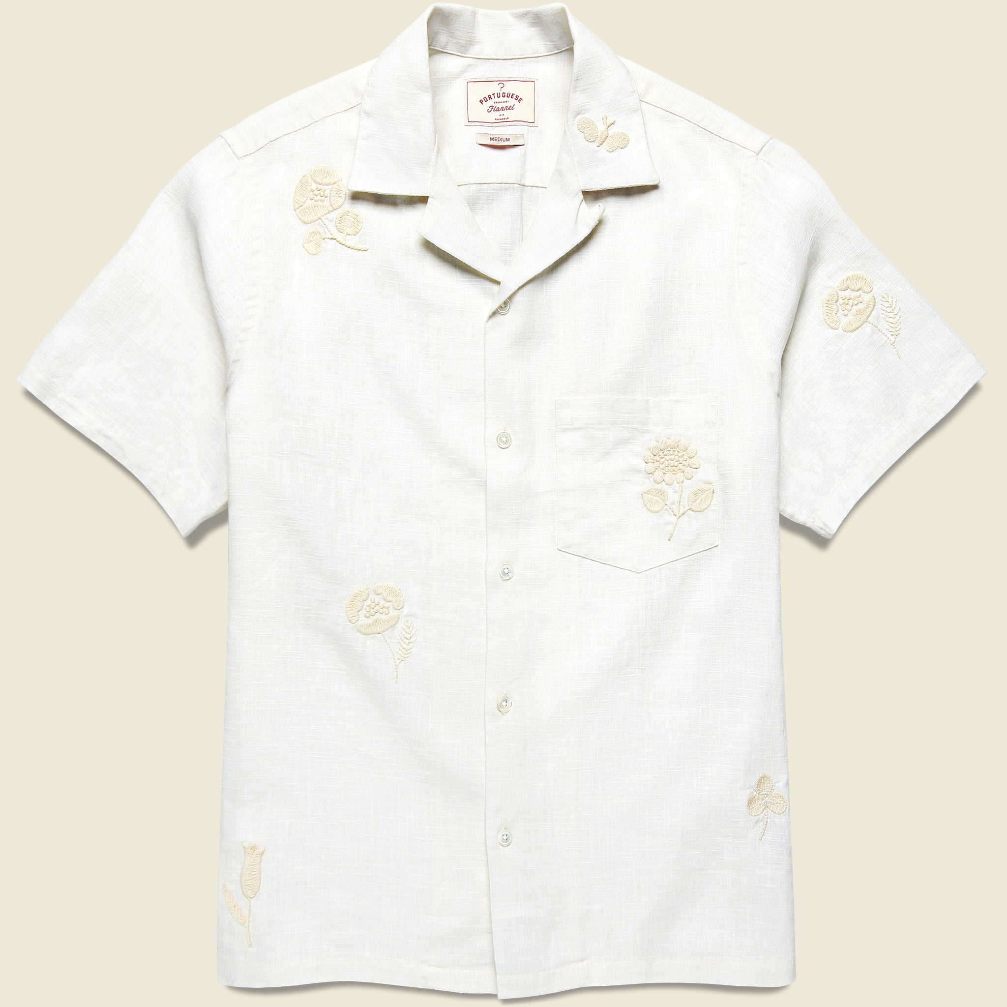 Embroidered Ramie Camp Shirt - Ecru - Portuguese Flannel - STAG Provisions - Tops - S/S Woven - Floral