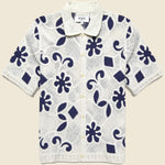 Porto Doodle Crochet Shirt - Ecru/Dark Blue - Wax London - STAG Provisions - Tops - S/S Knit