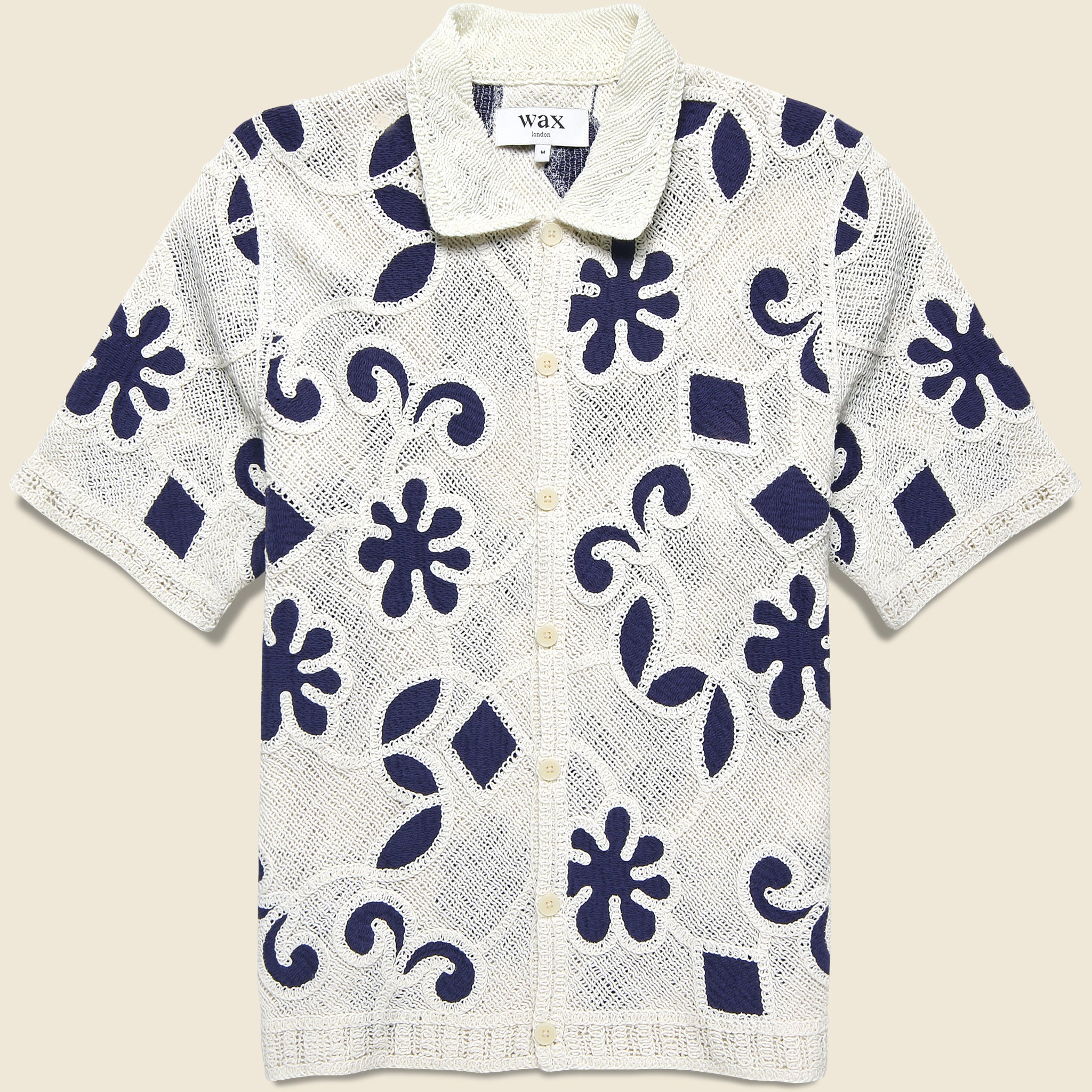 Porto Doodle Crochet Shirt - Ecru/Dark Blue - Wax London - STAG Provisions - Tops - S/S Knit