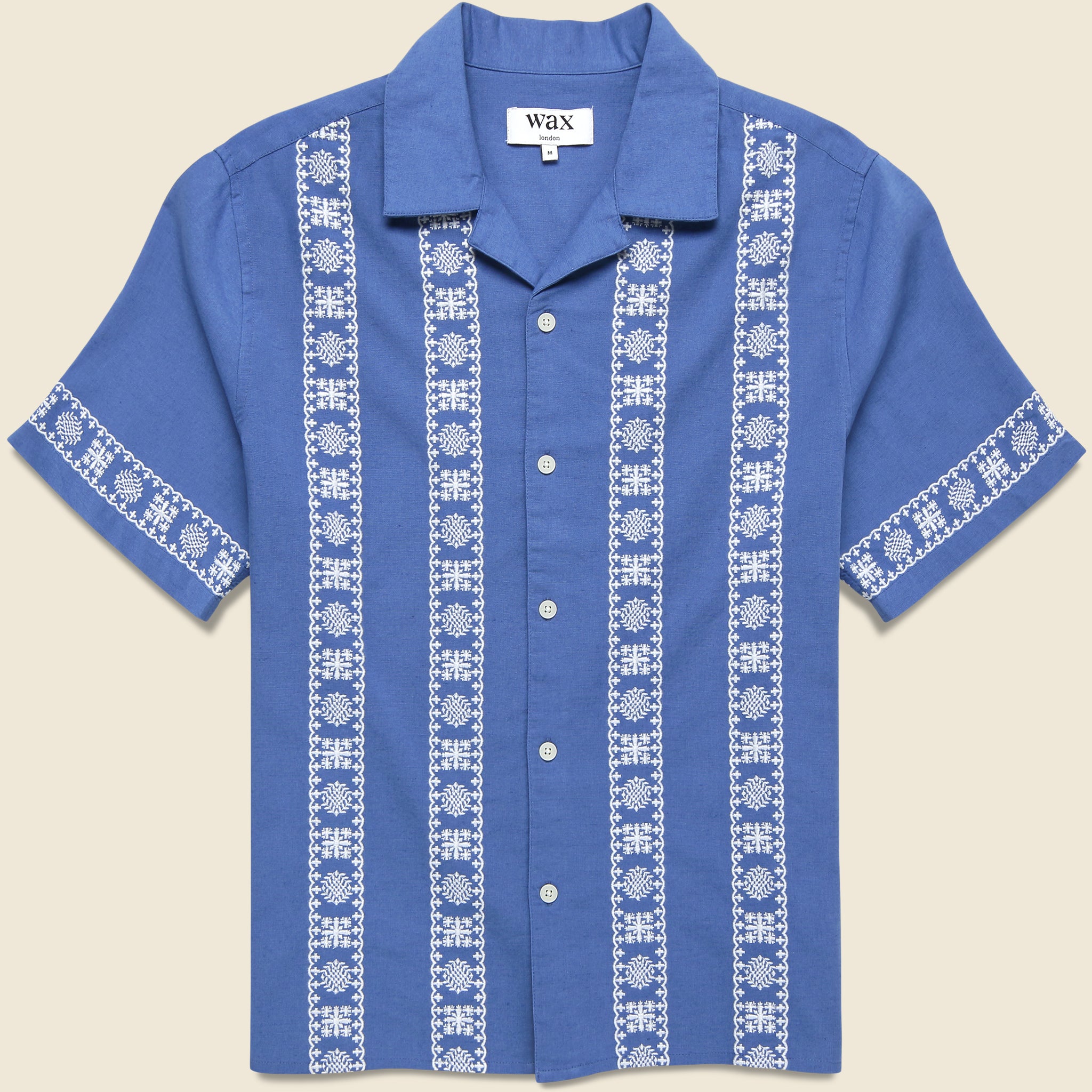 Placement Border Didcot Shirt - Blue/Ecru - Wax London - STAG Provisions - Tops - S/S Woven - Other Pattern