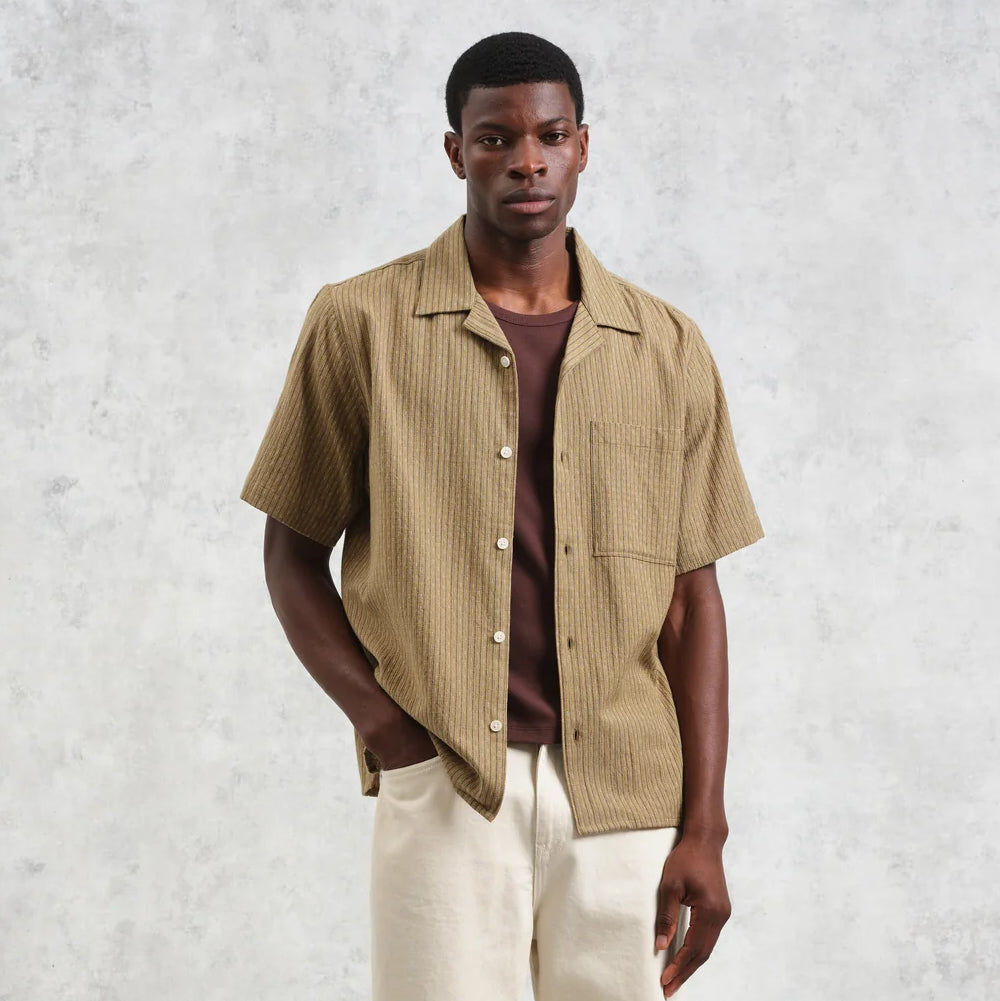 
                          Slub Stripe Didcot Shirt - Khaki - Wax London - STAG Provisions - Tops - S/S Woven - Other Pattern
                        