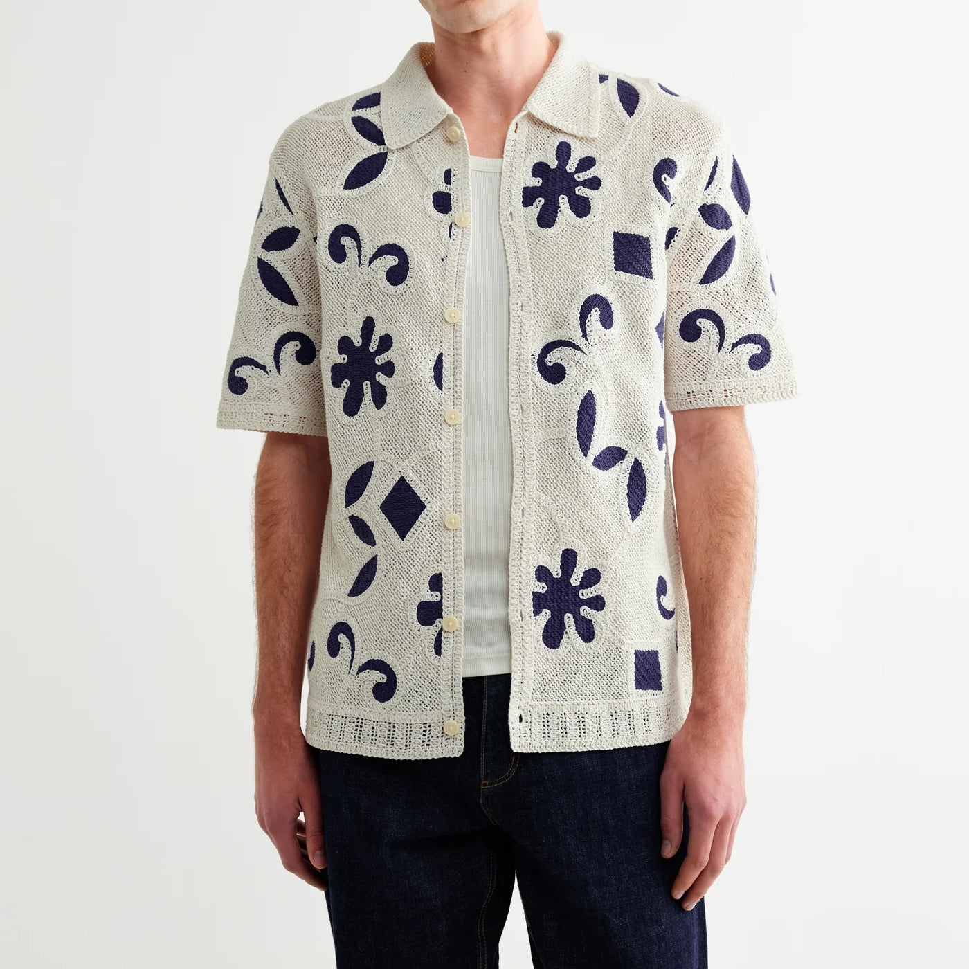 Porto Doodle Crochet Shirt - Ecru/Dark Blue - Wax London - STAG Provisions - Tops - S/S Knit