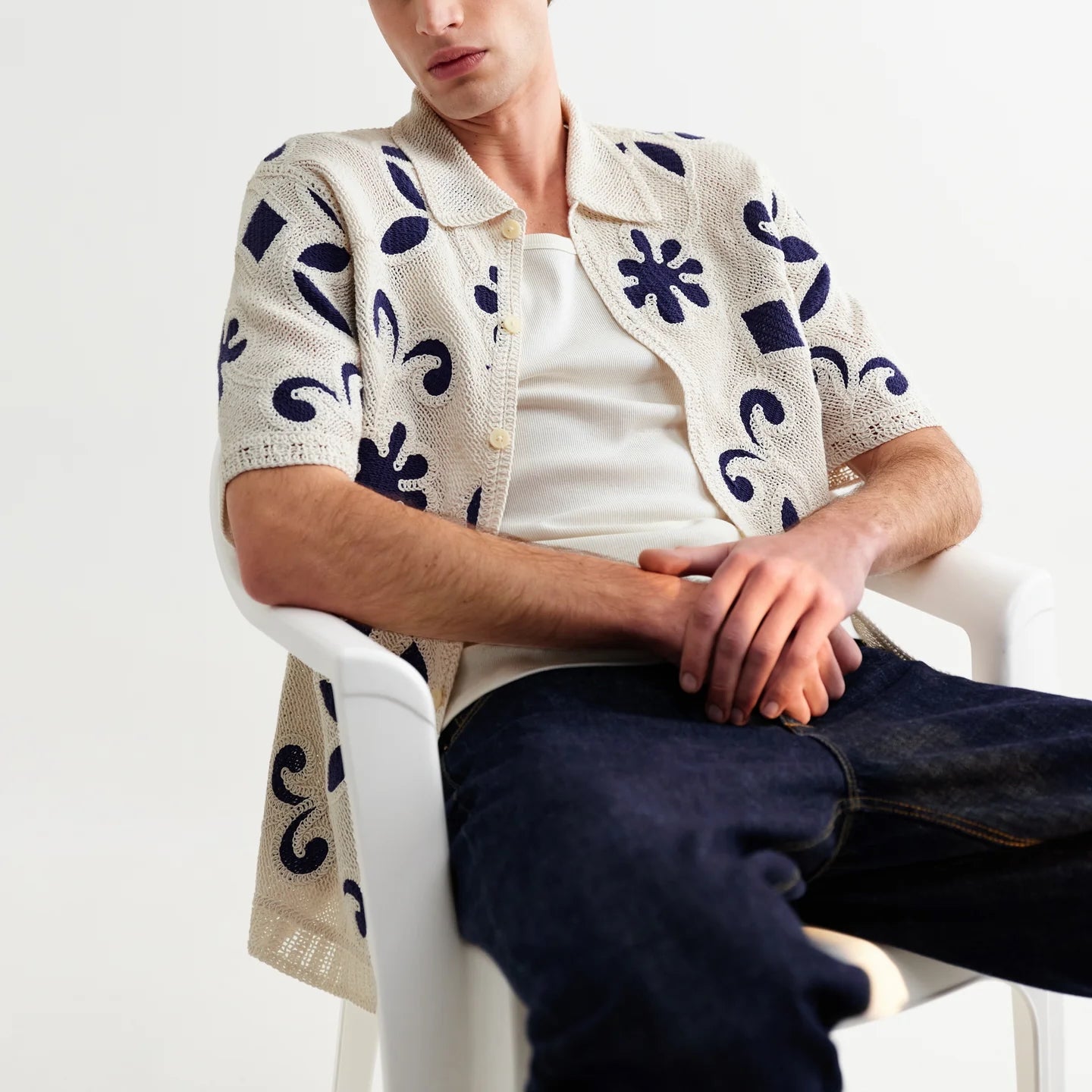 Porto Doodle Crochet Shirt - Ecru/Dark Blue - Wax London - STAG Provisions - Tops - S/S Knit