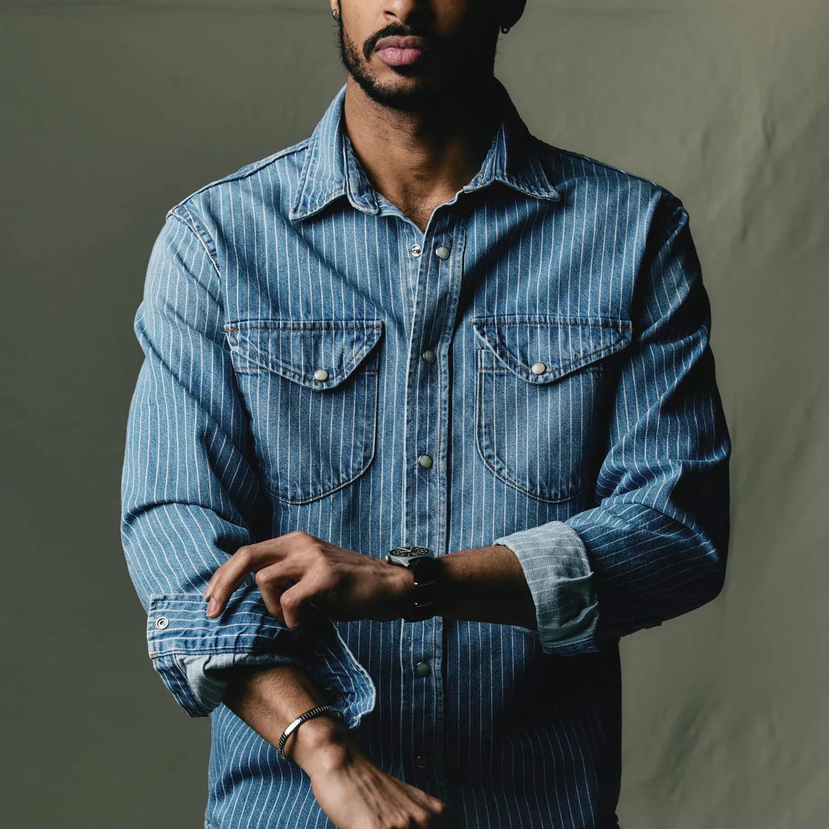 
                          Hayes Pearl Snap - Indigo Stripe
                        