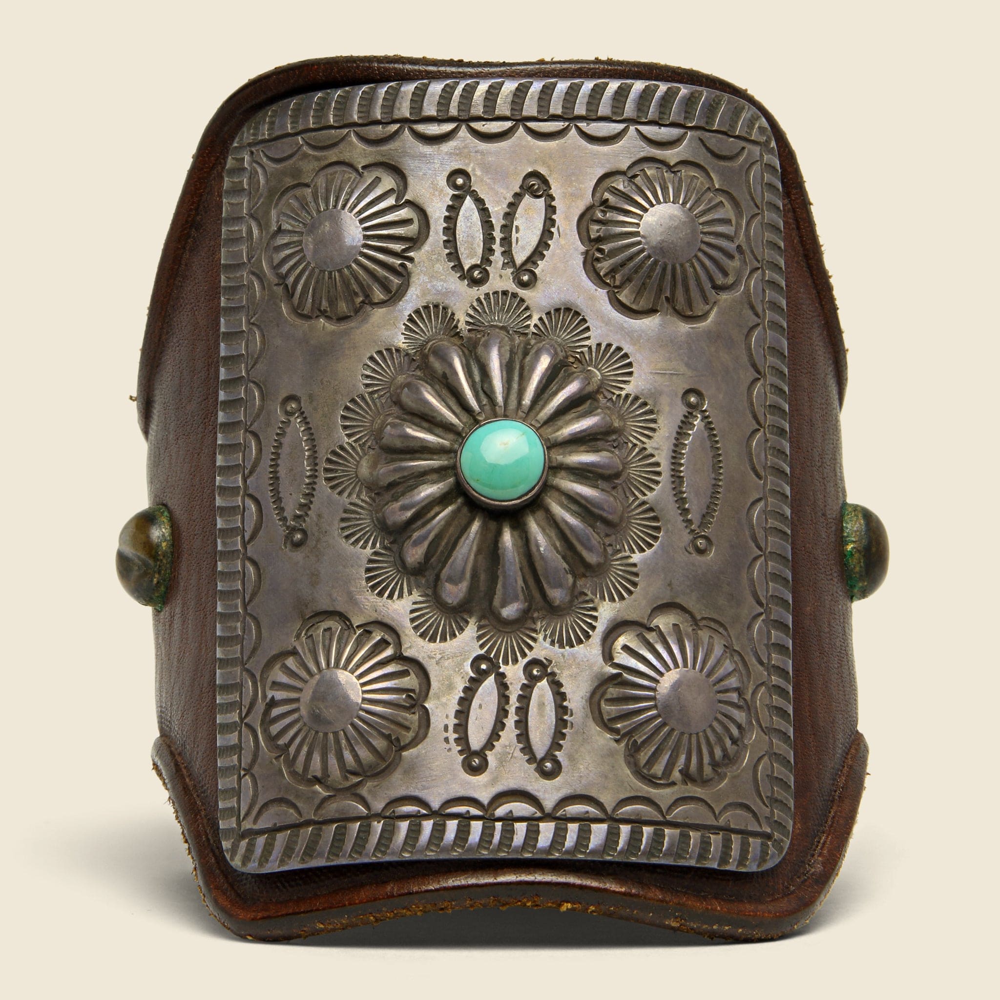 
                          Stamped Concho Flower Leather Ketoh - Sterling/Turquoise/Leather - Smith Bros. Trading Co. - STAG Provisions - Accessories - Cuffs
                        