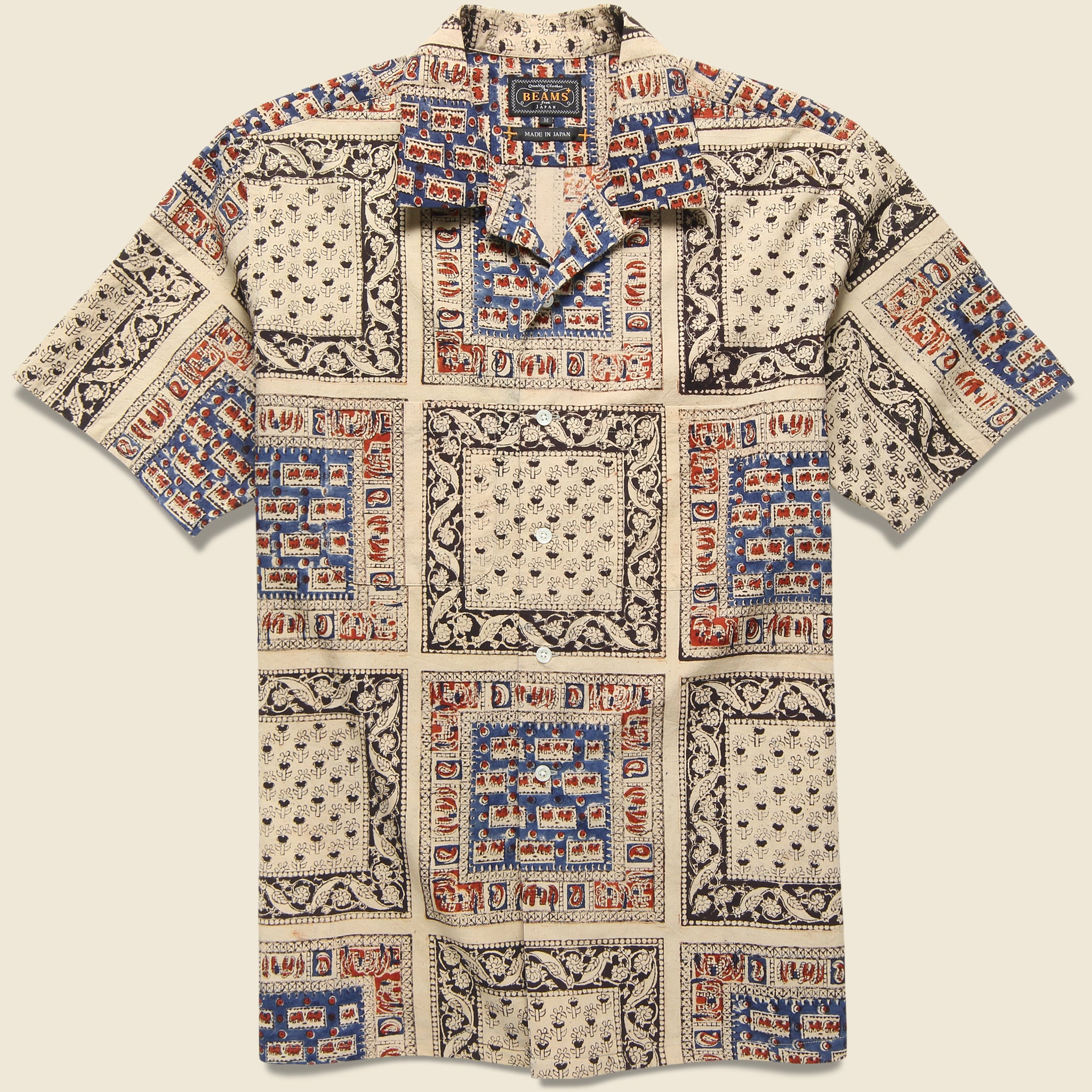Open Collar Short Sleeve Elephant Block Print Shirt - Navy - BEAMS+ - STAG Provisions - Tops - S/S Woven - Other Pattern