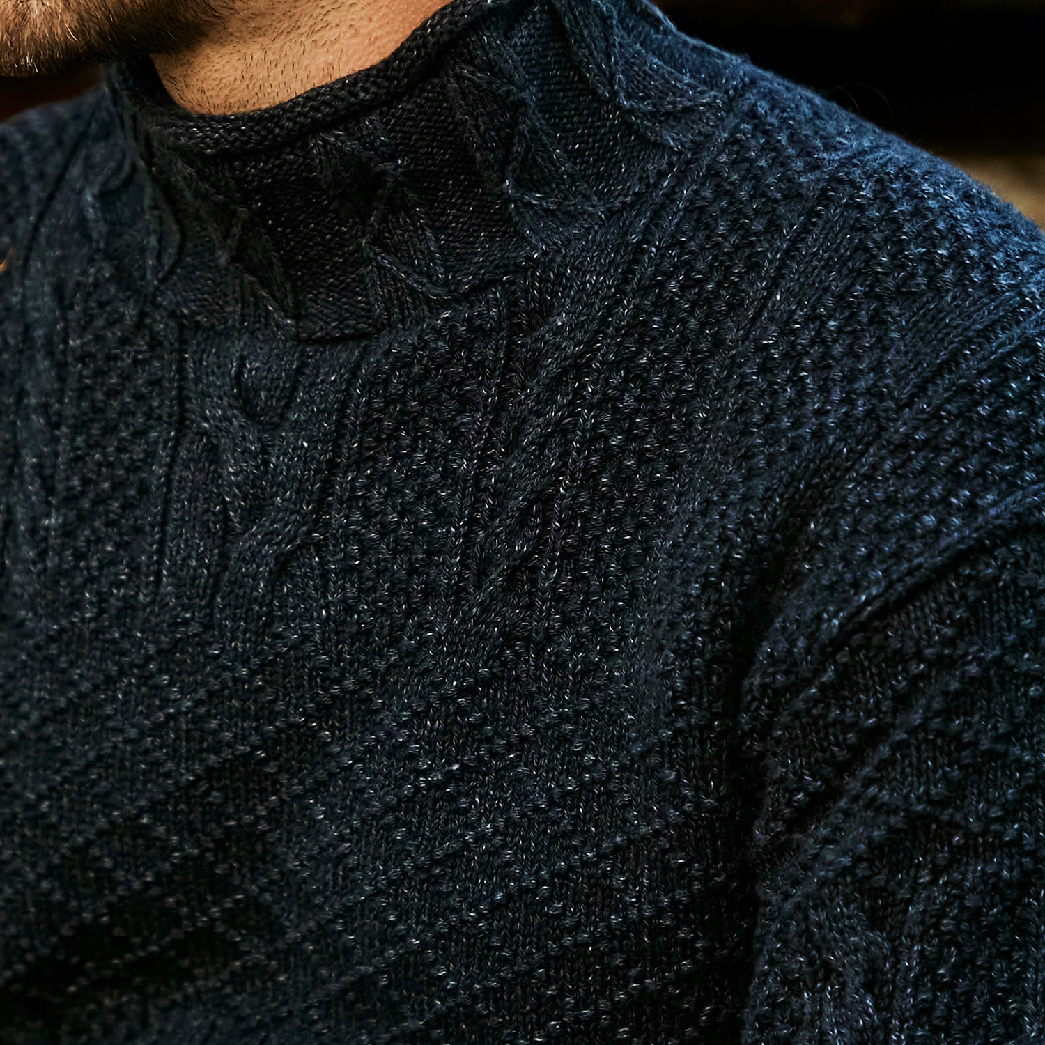 
                          Roll Neck Cable Knit Sweater - Black Indigo - RRL - STAG Provisions - Tops - Sweater
                        