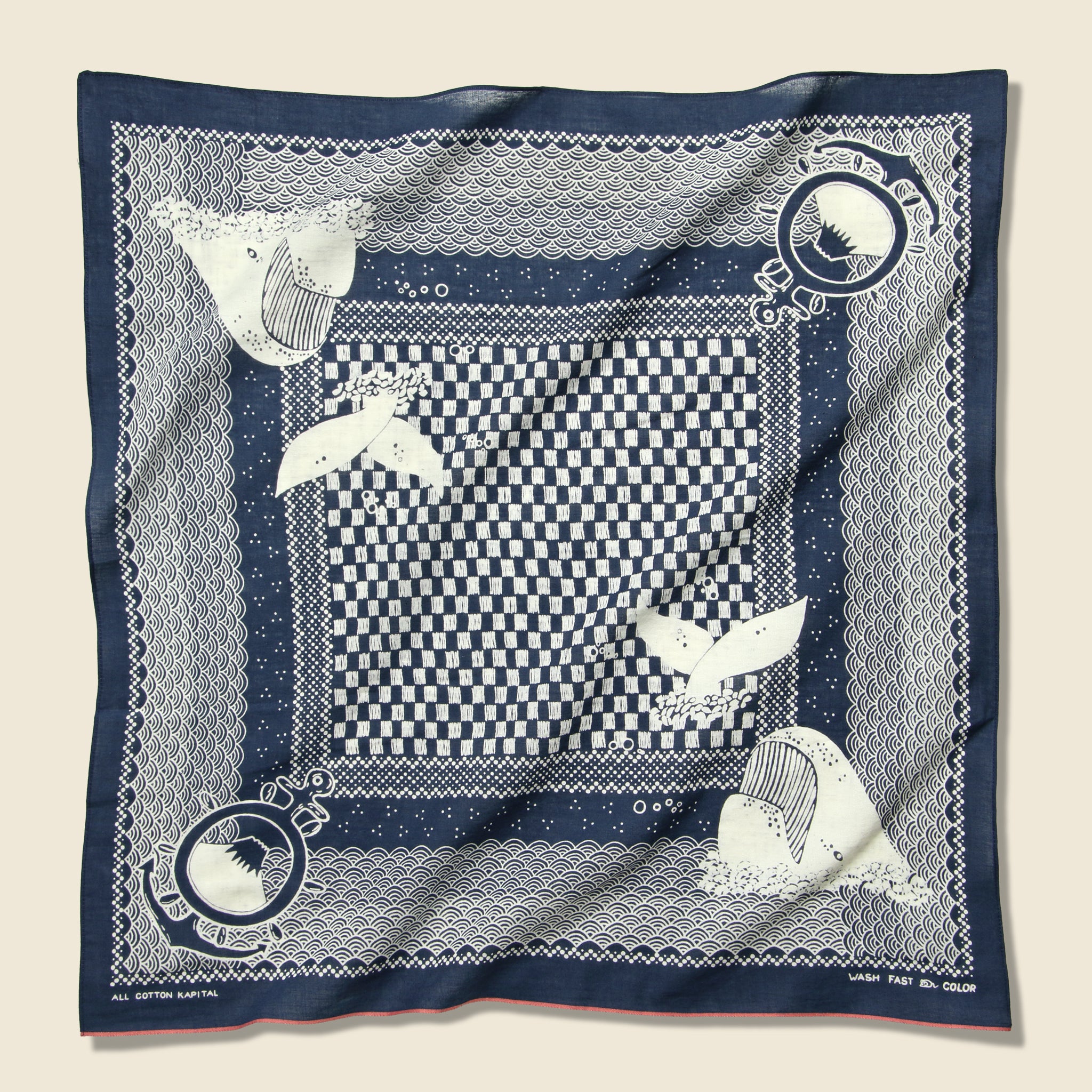 Fastcolor Selvedge Yoroke Ichimatsu Whale Bandana - Navy - Kapital - STAG Provisions - Accessories - Bandanas