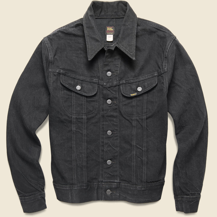 Classic men’s denim jacket from STAG Provisions layered over a white T-shirt for an effortless date night look.
