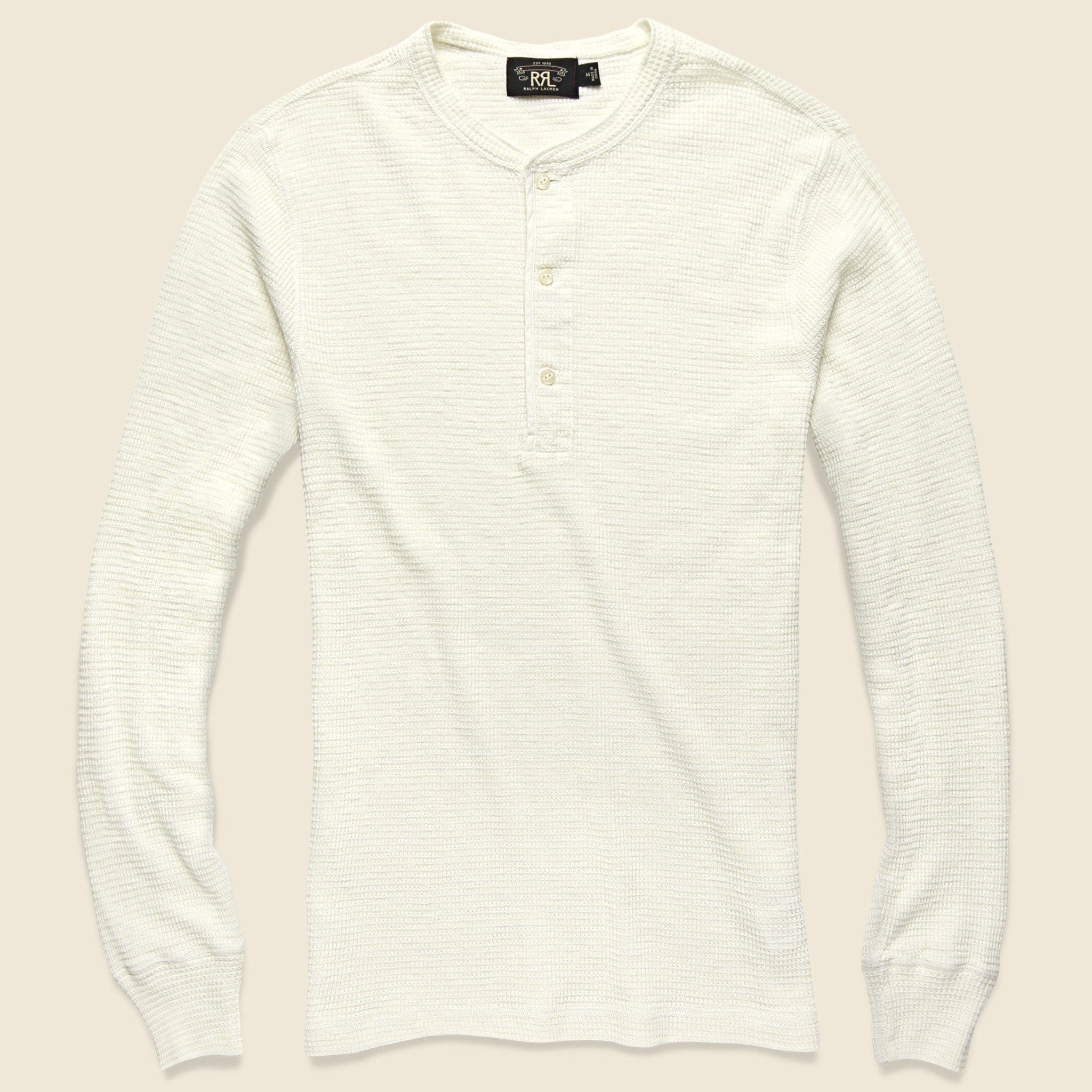 RRL Long Sleeve Waffle Henley in Core crafted from textured cotton with a classic three-button placket.